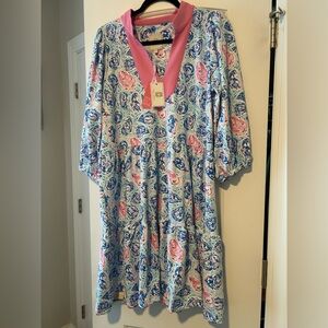 Simply Southern Blue Dress with Pink V-Neck Trim